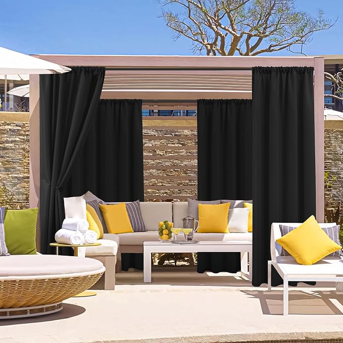 Outdoor Curtains for Patio Waterproof Rod Pocket 6 Pcs 54x108 Inch Black | - Image 2