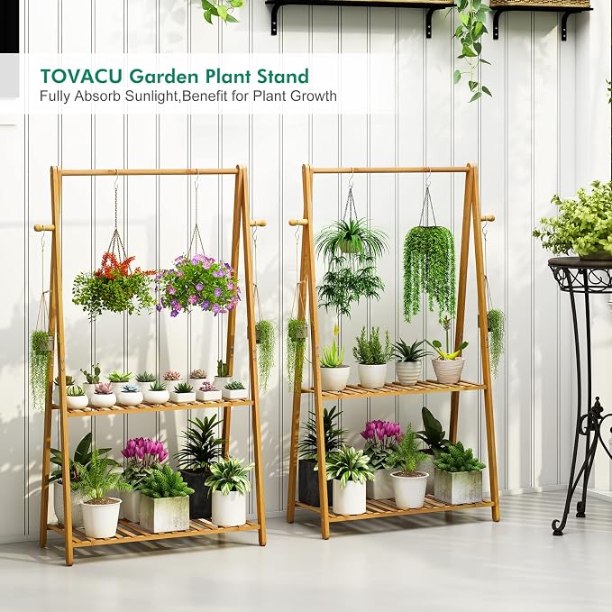 Hanging Plant Shelf Indoor Outdoor Bamboo Wood Plant Flower Stands | 2 Tiered - Image 4