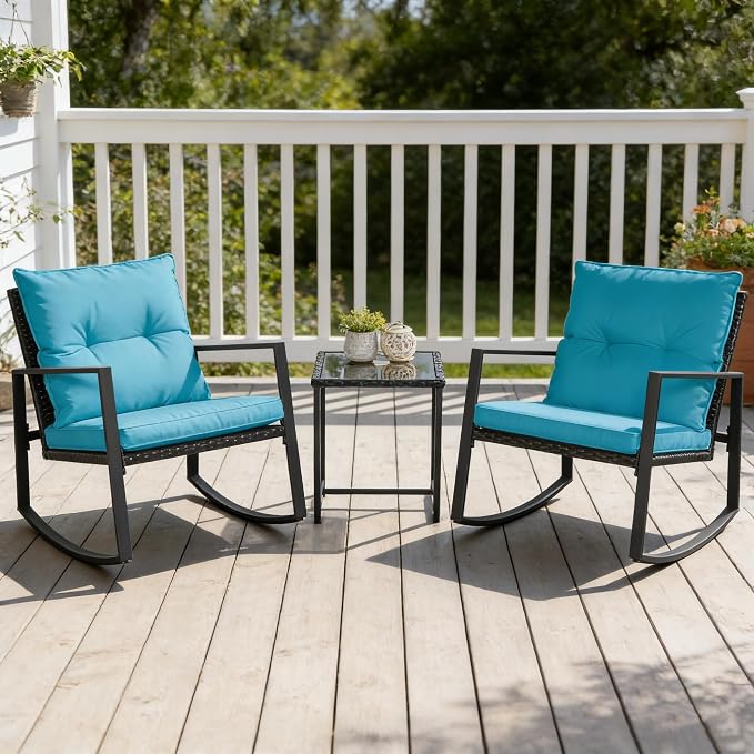 SUNCROWN 3 Piece Outdoor Rocking Bistro Set Black Wicker Furniture Porch Chairs - Image 5