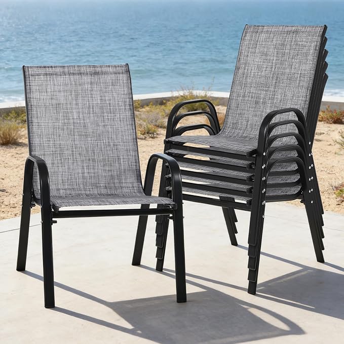 24.4" Wide Outdoor Stackable Chairs Set of 6 | Stacking Patio Chairs - Image 2