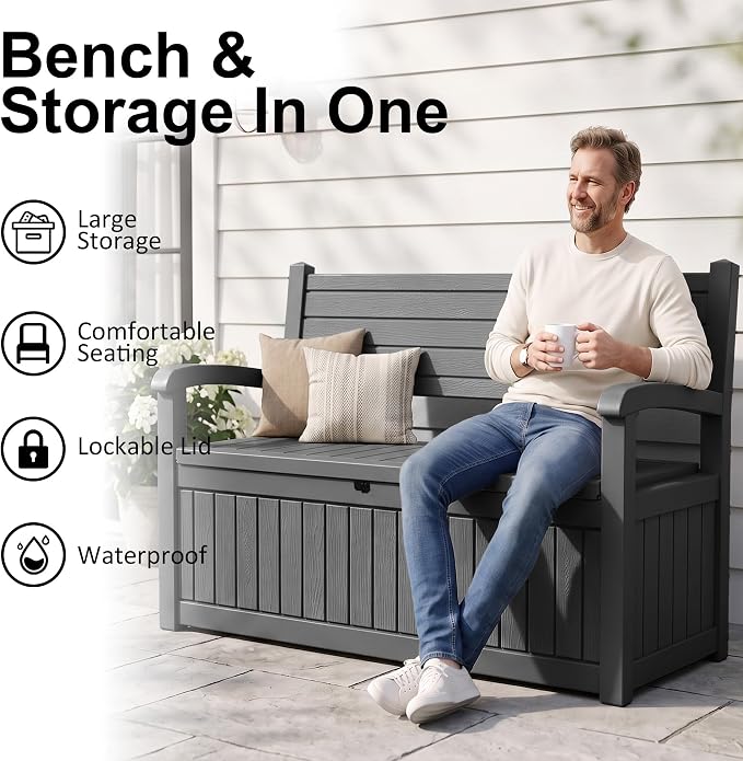 100 Gallon Outdoor Storage Bench, Waterproof Resin Deck Box - Image 3