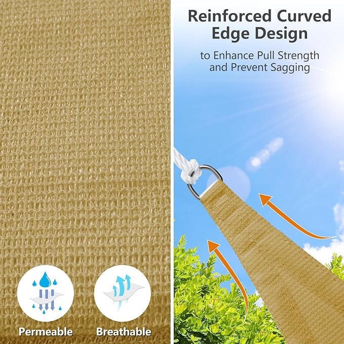10' x 13' Rectangle Sun Shade Sail, 185 GSM HDPE, Sand | 95% UV block, - Image 3