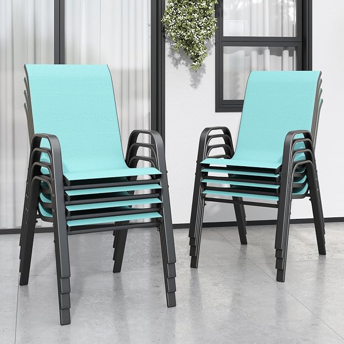 Stackable Patio Chairs Set of 8, Light Blue | Outdoor Dining Chairs by Vimstora