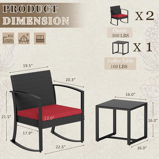 Homall Patio Furniture Set 3 Piece Resin Outdoor Bistro Set Rocking Patio Chairs - Image 3
