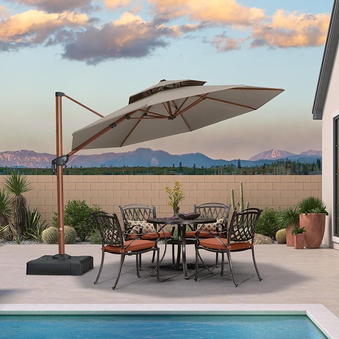 PURPLE LEAF Cantilever Umbrella 11ft Wood-Grain Finish, Heather Taupe | Block by PURPLELEAF
