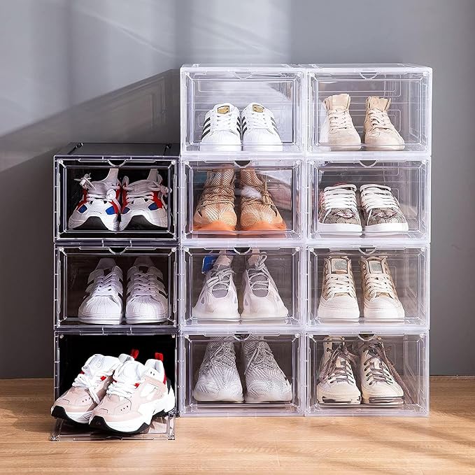 Attelite Upgraded Shoe Storage Box 9 Pack Shoe Box Clear Plastic Stackable X-Large Drop Front Shoe Box with Clear Magnetic Door,Shoe Organizer and Shoe Containers For Sneaker Display
