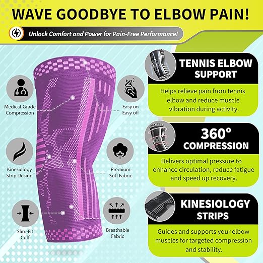 BLITZU Elbow Compression Sleeve for Tendonitis 2 Pack, Tennis Elbow Brace Support for Men and Women Golfers Elbow Pain Relief, Arthritis, Bursitis, Arm Brace for Workout, Weightlifting Purple S