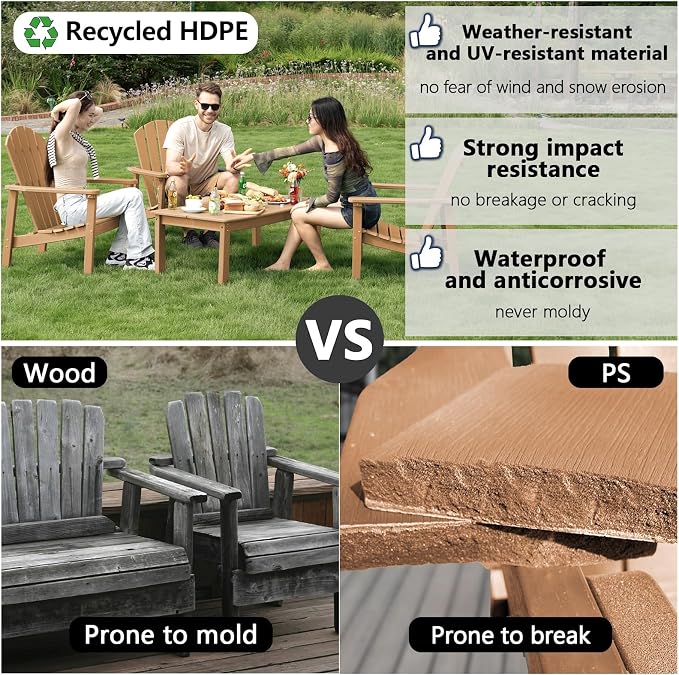 Compact Stackable Adirondack Chairs Set of 4, Teak | 26.3" Wide HDPE, - Image 5