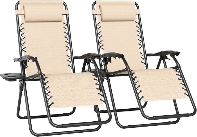 Set of 2 Adjustable Zero Gravity Lounge Chairs Outdoor Recliner w/Cup Holder by TQKVIPI