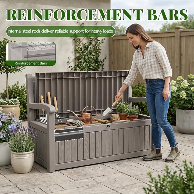 120 Gallon Outdoor Storage Bench, Lockable Patio Storage Bench, - Image 2
