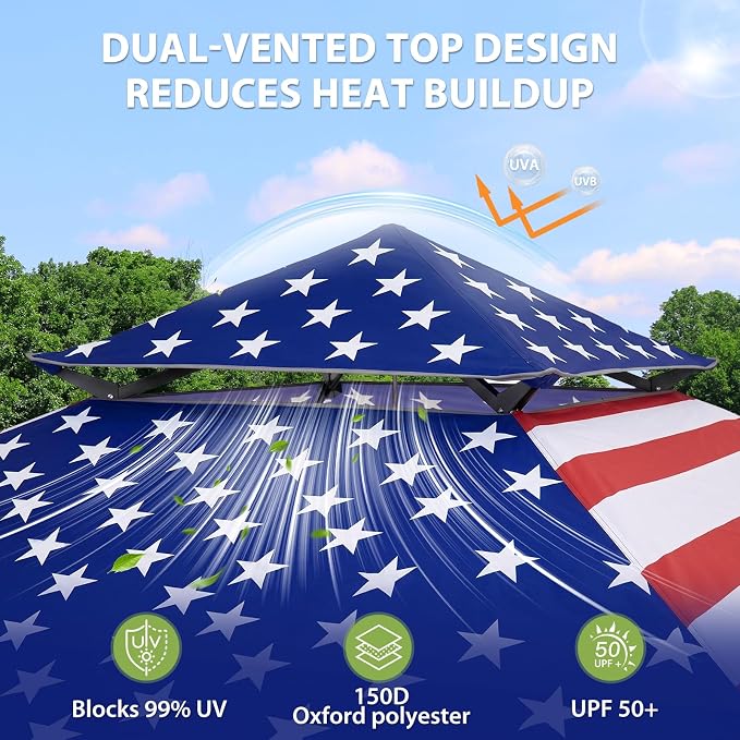EAGLE PEAK 13x13 Pop Up Canopy Tent, Auto Extended Eaves, American Flag | Easy - Image 2