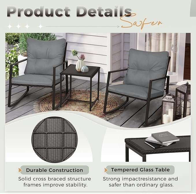 SUNCROWN 3 Piece Outdoor Rocking Bistro Set Black Wicker Furniture Porch Chairs - Image 6