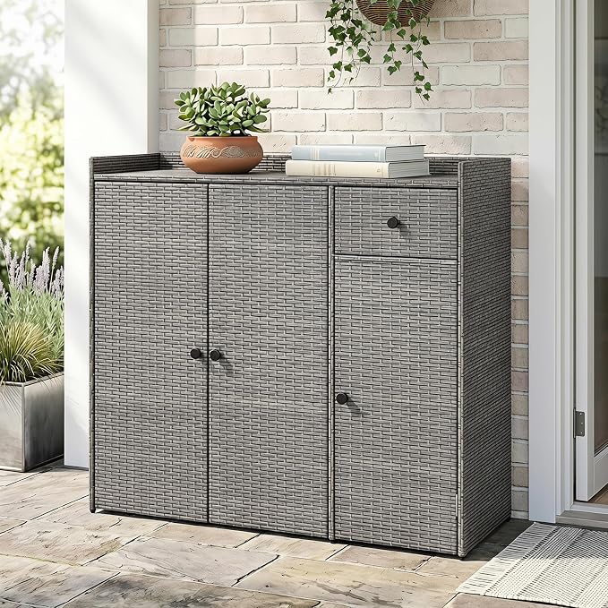 Tangkula Rattan Outdoor Storage Cabinet, Patiojoy Outdoor Cabinet - Image 8