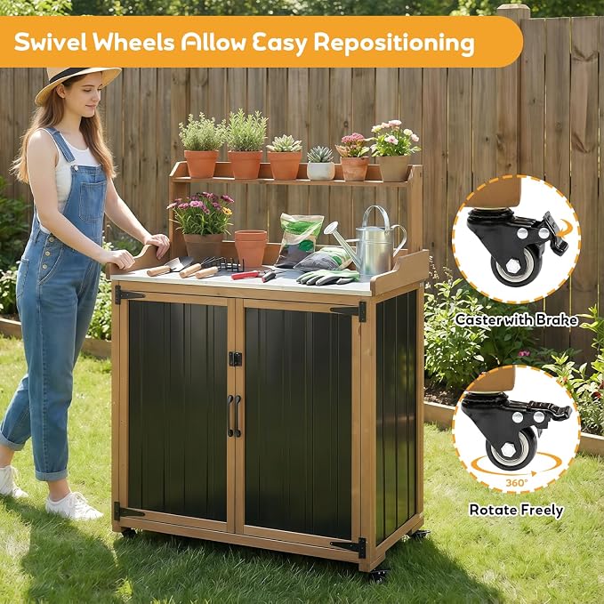 Potting Bench with Storage & Wheels, Mobile Outdoor Cabinet - Image 3