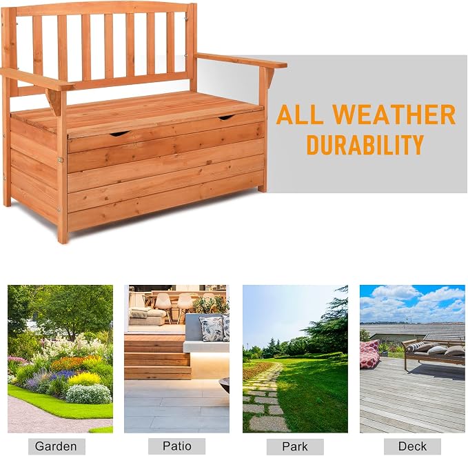 Outdoor Wood Storage Bench, Deck Box Loveseat, Natural | Waterproof Patio - Image 7