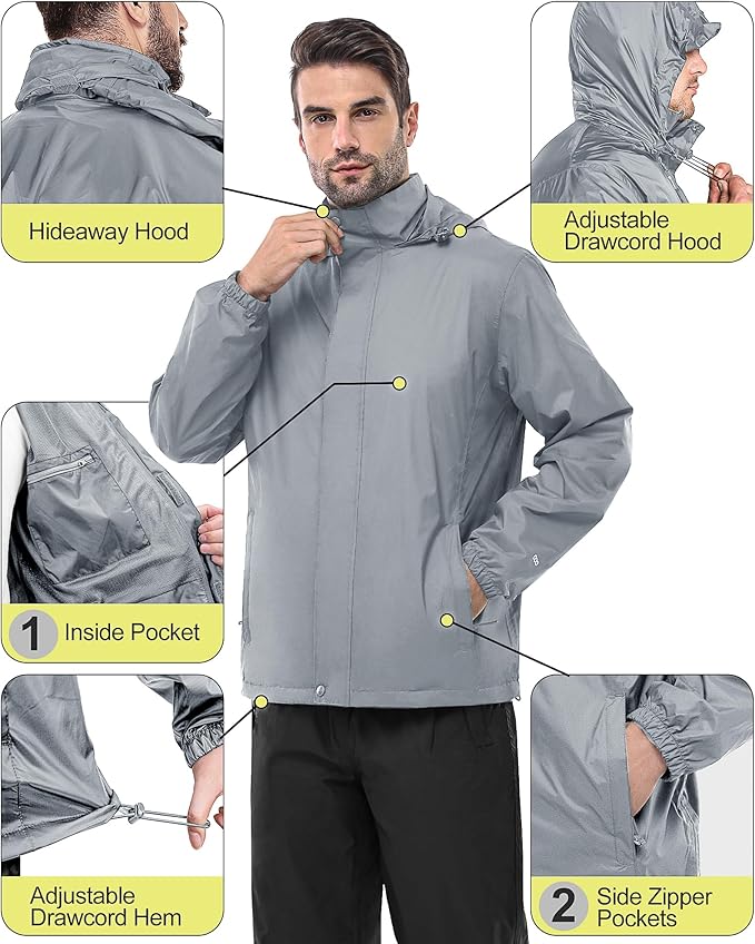 33,000ft Men's Rain Suit Packable Waterproof Lightweight Rain Gear for Golf Hiking Cycling 2 Pieces(Rain Jackets and Pants)