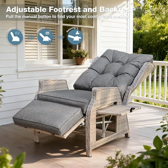 Outdoor Recliner with Adjustable Backrest and Footrest, PE Rattan Lounge Chair - Image 4