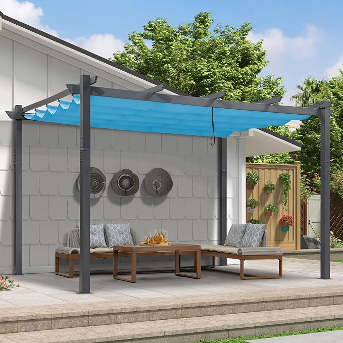 PURPLE LEAF Against Wall Pergola 9.5' X 13' Aluminum Canopy, Turquoise Blue | by PURPLELEAF