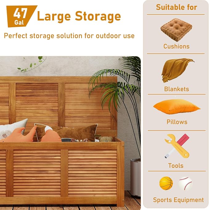 DREAMADE 47 Gallon Deck Box, Acacia Wood Outdoor Storage Bench, Natural | Patio - Image 4