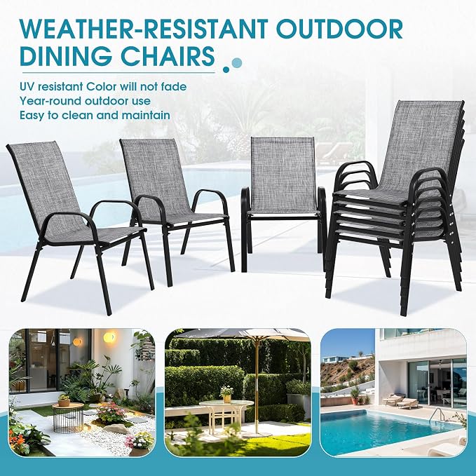 24.4" Wide Outdoor Stackable Chairs Set of 8 | Stacking Patio Chairs - Image 8