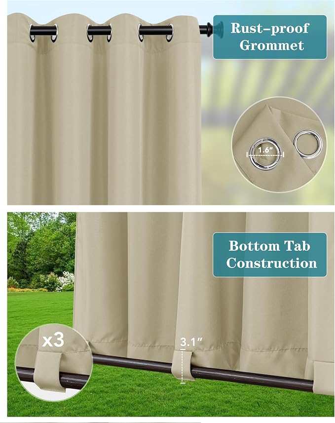 Windproof Outdoor Curtains for Patio Waterproof 4 Pcs 110x84 In Cream | Grommet - Image 2