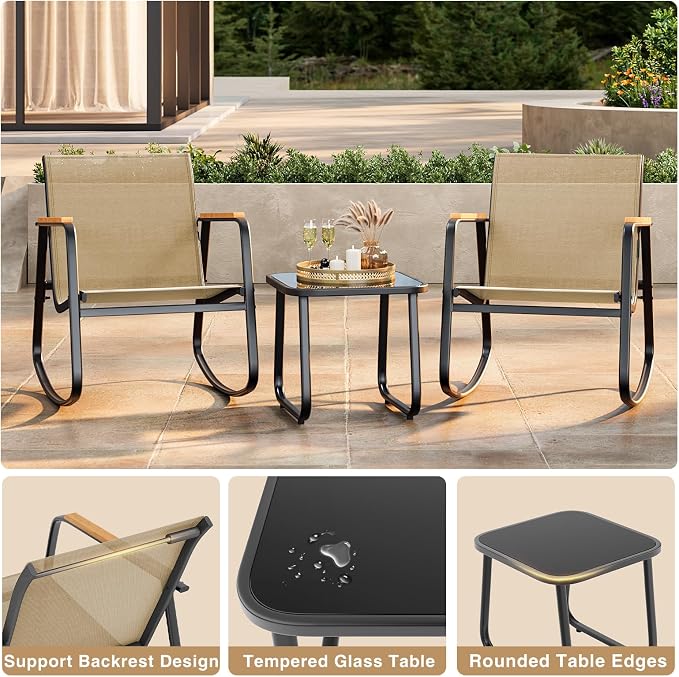 3-Piece Outdoor Rocking Bistro Set, Patio Set Textilene, Backyard and Poolside - Image 5