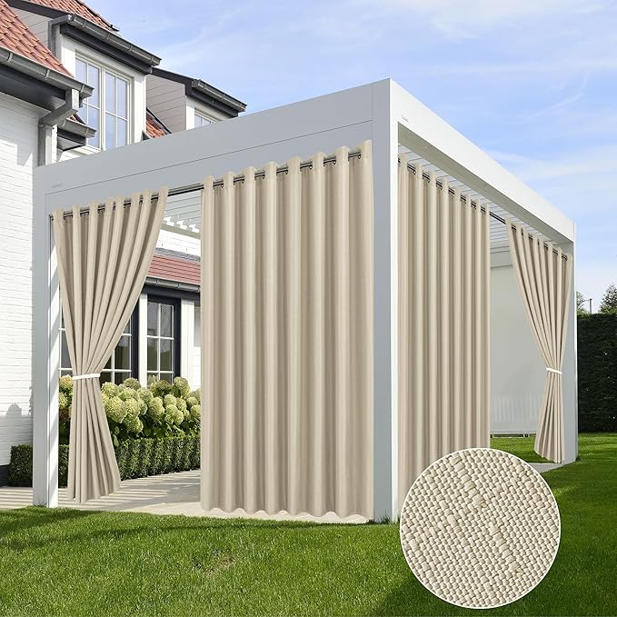 Linen Outdoor Curtains for Patio Waterproof 4 Pcs 110x95 In Cream | Light by HolidayIdeas