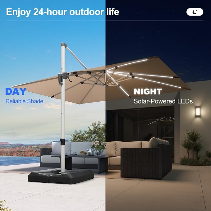 PURPLE LEAF Cantilever Umbrella 9' X 12' Solar LED Light Patio Deck, Support to - Image 3