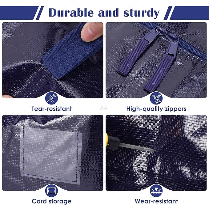 6 Pack Extra Large Heavy Duty Moving Bags with Reinforced Zipper & Wide Handles, Moisture-Resistant Storage Bins Packing Cubes for Clothes, College Dorm, Travel, and Home Organization, Dark Blue