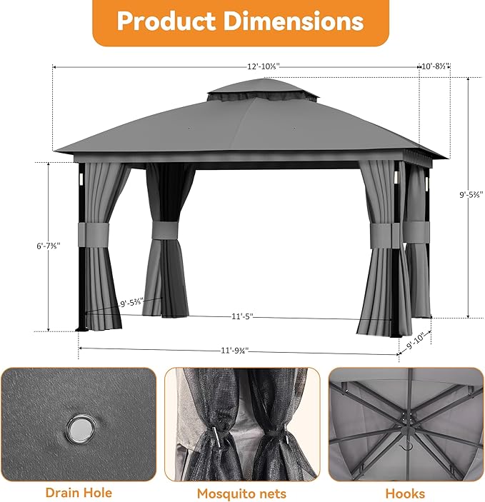Patio Gazebo 11'x13' with LED Lights & Bluetooth Speaker, Heavy Duty Outdoor - Image 3