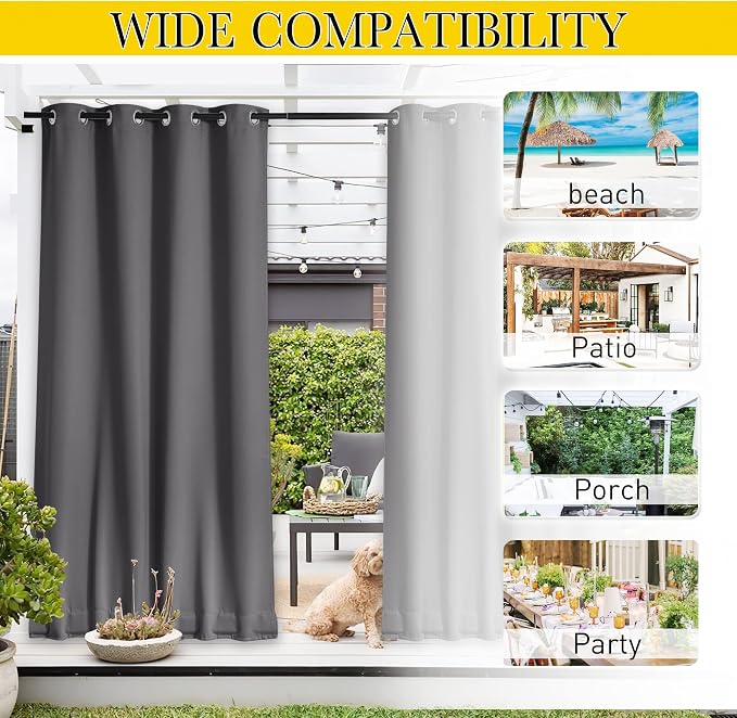 NICETOWN Outdoor Curtains for Patio Waterproof & Windproof W100xL108 Grey | - Image 7
