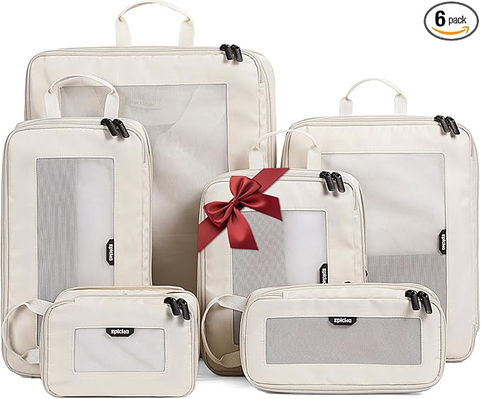 EPICKA TripCozy Compression Packing Cubes - 6 Set Durable Travel Organizer Bags with Mesh Top, Expandable Travel Accessories for Carry on, Luggage, Suitcase, Backpack (Beige)