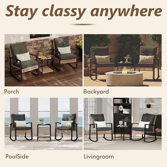 3 Piece Patio Rocking Chairs Set of 2, Outdoor Rocking Chair Bistro Set - Image 7