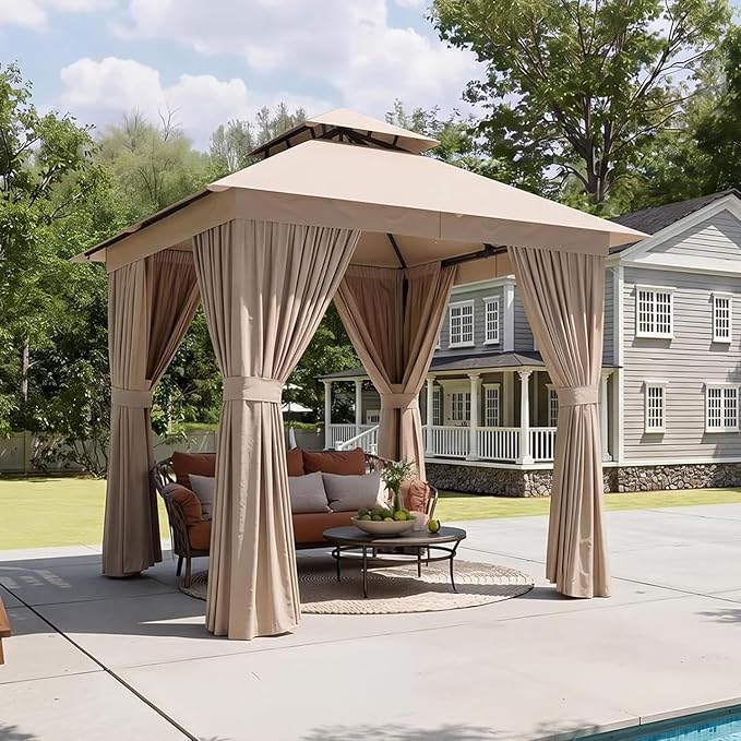 Aoxun 8x8FT Metal Frame Outdoor Gazebo, Khaki | UPF50+ Protection 50×50mm by Aoxun