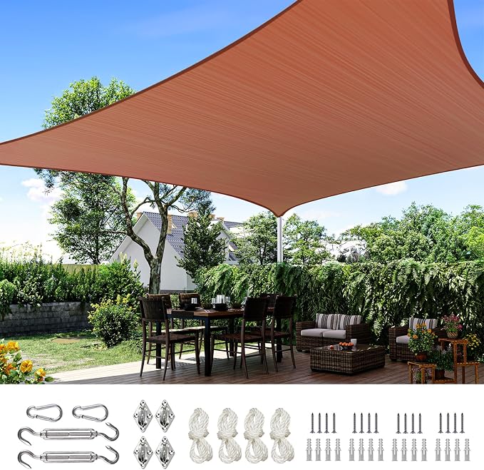 Quictent Sun Shade Sail for Patio w/Hardware Kit 185GSM 24x24ft Terracotta | by QUICTENT