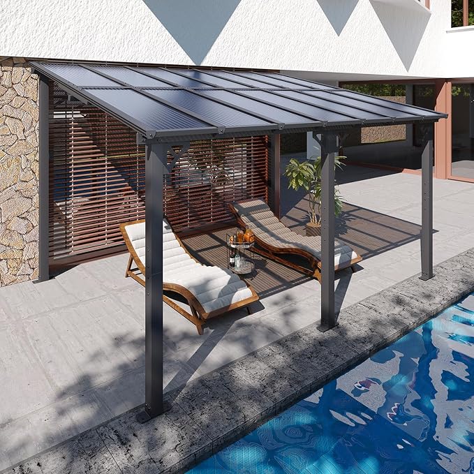 10x14FT Lean to Gazebo Pergola Patio Pergolas withSloped Roof | Large Wall - Image 4