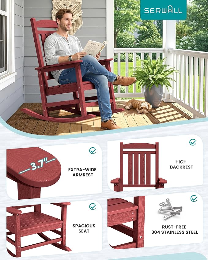 SERWALL Outdoor Rocking Chair Set of 4, Oversized Patio Rocking Chair, Porch - Image 7