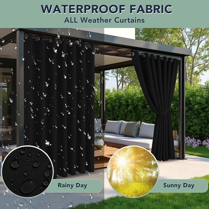 Black Outdoor Curtains for Patio Waterproof, 8 Drape Panels | Privacy & - Image 2