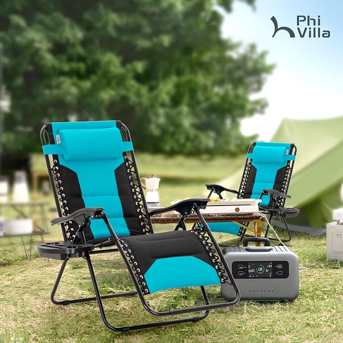 PHI VILLA Padded Zero Gravity Chair Set of 2, Cup Holder, 28in Seat, Aqua | - Image 2