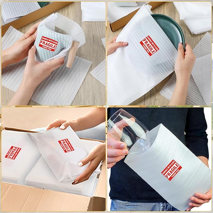 400PCS Moving Packaging Supplies,300 Cushioning Foam Pouches,4 Sizes (12x12",12x7.8",12x6",7.8x7.8") with 100 Fragile Stickers,Cushion Foam Wrap Pouches for Protect Dishes Cup Glasses Storage