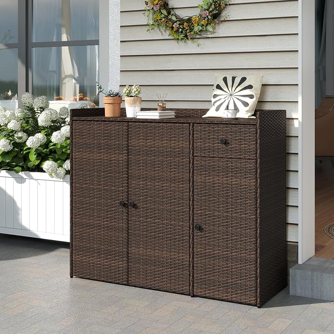 Tangkula Rattan Outdoor Storage Cabinet, Patiojoy Outdoor Cabinet - Image 3