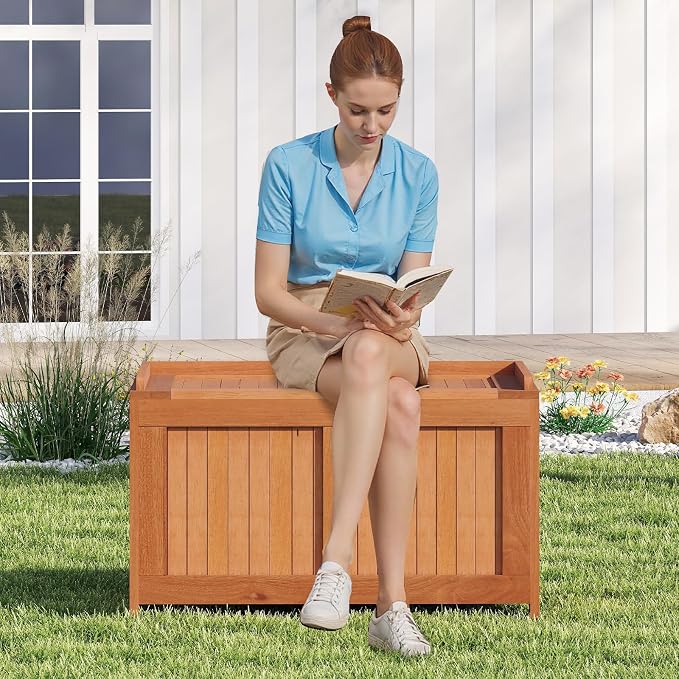 Tangkula 52 Gallon Wood Outdoor Storage Box, 3-in-1 Patio Storage Bench - Image 9