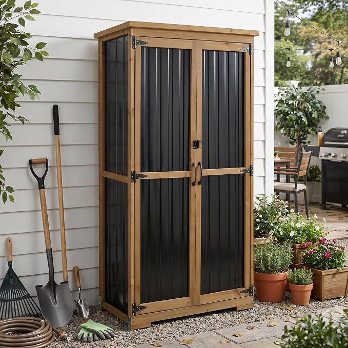 Outdoor Storage Cabinet with Shelf, Wood & Metal Storage Shed with Waterproof by MAGAZOOPET