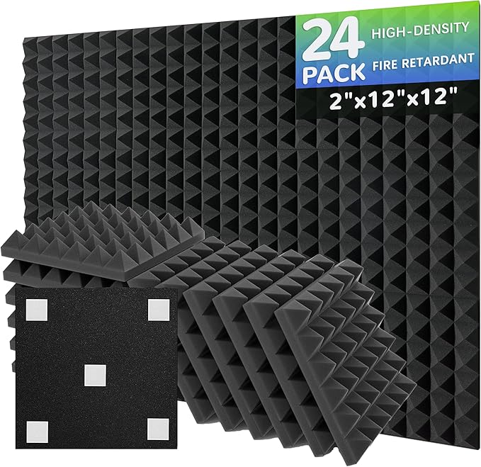24 Pack Acoustic Foam Panels, 12 x 12 x 2 Inches Mirovant Sound Proof Panels for Walls Pyramid Soundproofing Pyramid Studio Foam Noise Absorbing Black