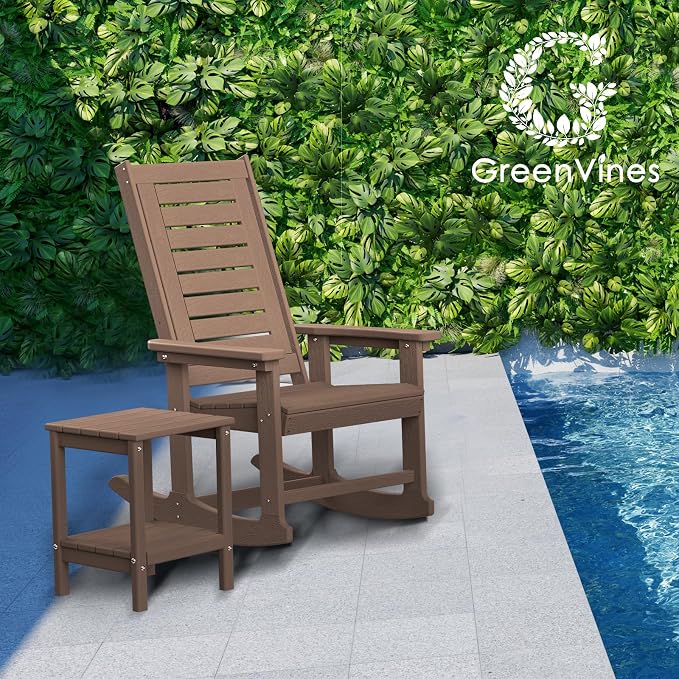 GREENVINES Outdoor Rocking Chairs Set of 2, HDPE Rocker, Dark Brown | Wood - Image 4