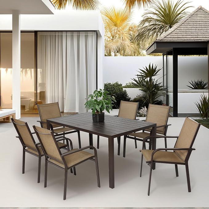7 Piece Patio Dining Set for 6 | 6 Stackable Textilene Chairs and 1 Dining by Villeston