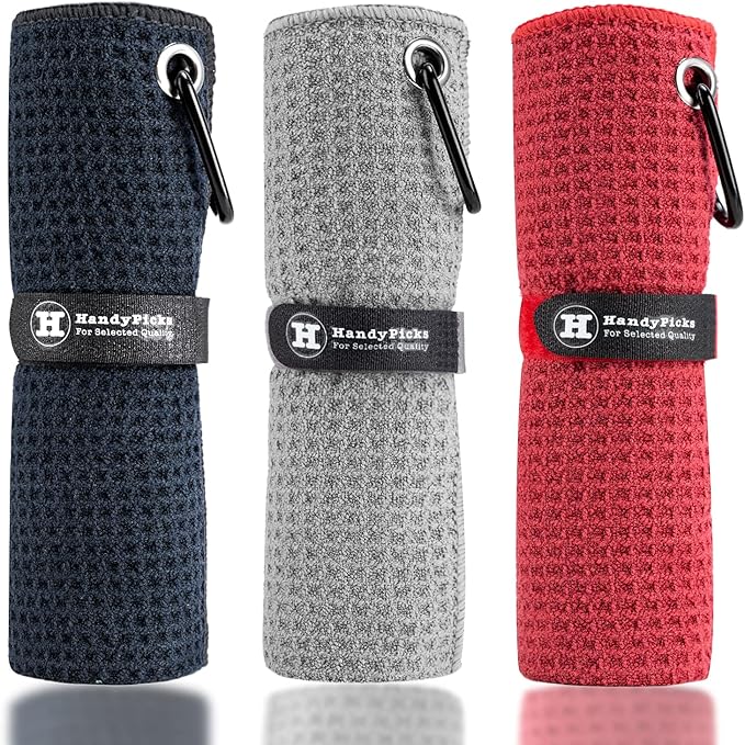 Handy Picks Microfiber Golf Towel (16" X 16") with Carabiner Clip, Waffle Pattern Golf Towel Hook and Loop Fastener - The Convenient Golf Cleaning Towel