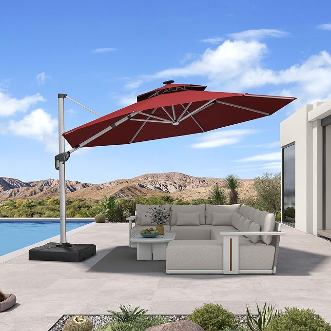 PURPLE LEAF Cantilever Umbrella 13ft Solar LED Light Double Top, Brick Red | - Image 2