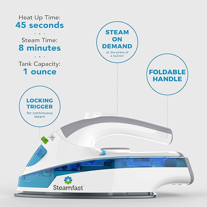 Steamfast SF-710 Mini Steam Iron, Non-Stick Sole Plate, Foldable Handle, 45 Second Heat Up Time, Cord Storage, Portable, 6-Foot Power Cord, Chemical-Free Steam Power, White