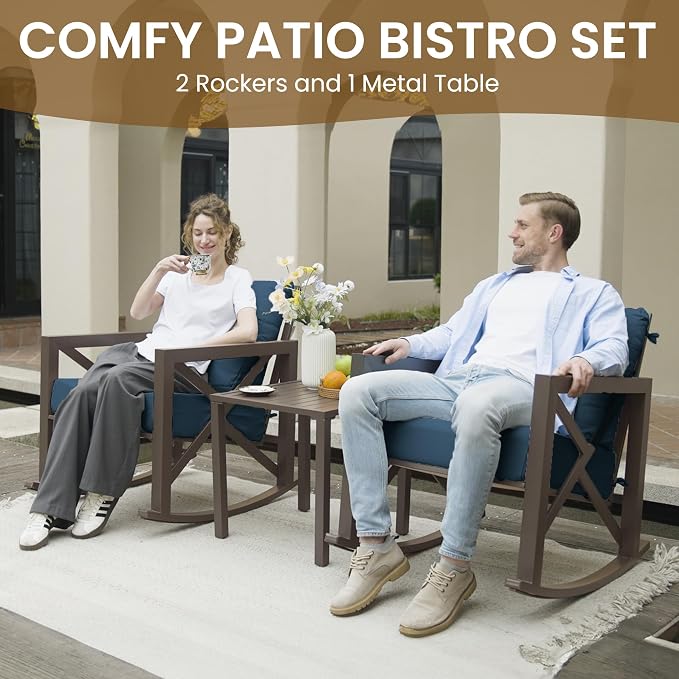 UDPATIO Rocking Chair Outdoor Oversized Metal Bistro Set 6.5" Cushion Navy | 3 - Image 4